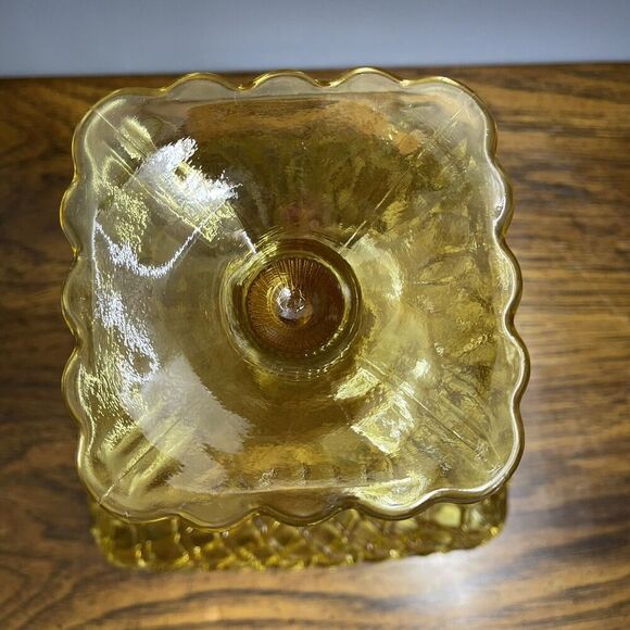 LE Smith Footed Trellis Square Compote Bowl Vase Weave Yellow Glass LARGE‎ 8.5"H - Picture 6 of 14